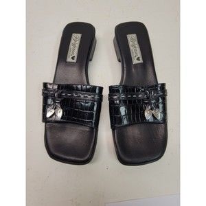 Brighton Leah Slides Size 8.5M Black Leather Silvertone Hearts